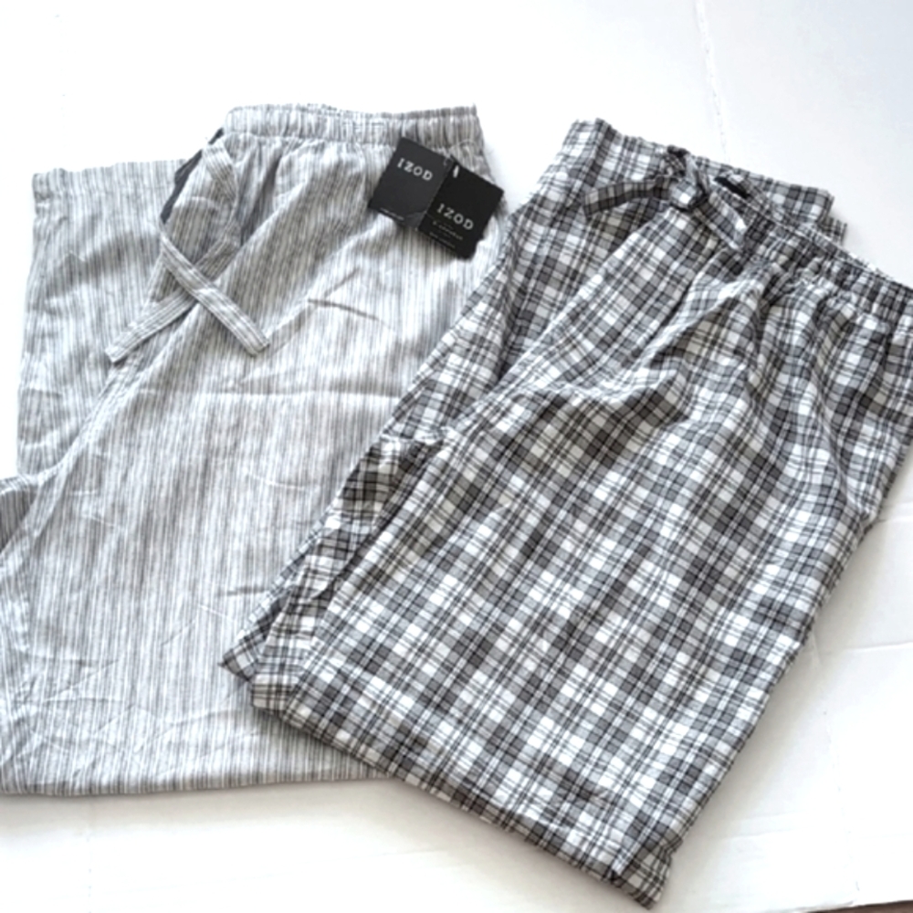 BUNDLE. IZOD.  2 Pairs Of Mens Cotton Sleep Lounge Pants. Size XL. Plaid. Stripe